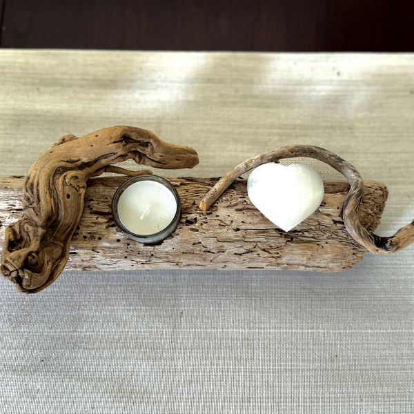 Driftwood Candle Holder Embedded w/ Selenite Heart Crystal & Tea light