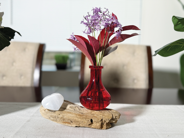 Driftwood Centerpiece with Vintage Red Vase & Healing Heart Crystal