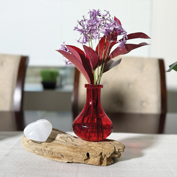 Driftwood Centerpiece with Vintage Red Vase & Healing Heart Crystal