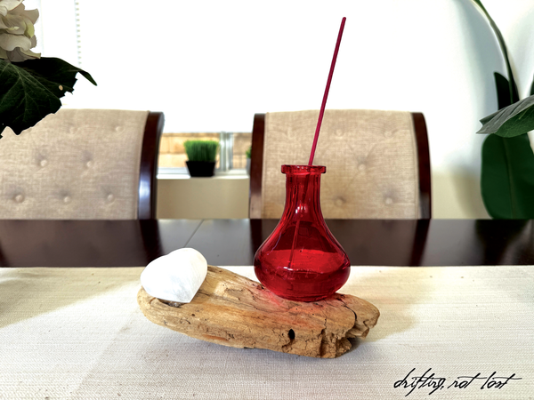 Driftwood Centerpiece with Vintage Red Vase & Healing Heart Crystal