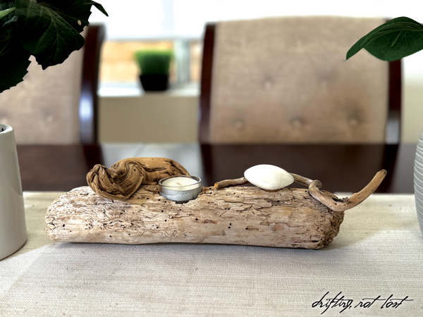 Driftwood Candle Holder Embedded w/ Selenite Heart Crystal & Tea light