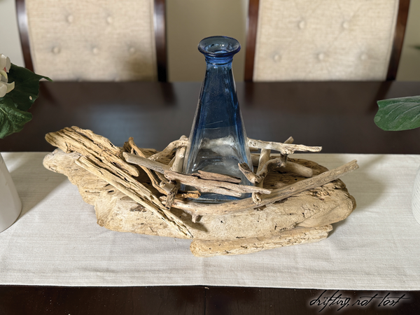 Vintage Driftwood Centerpiece w/ Antique Glass Vase | Coastal Rustic Home Decor