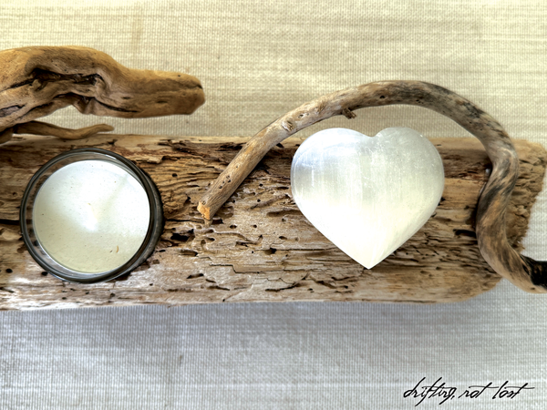 Driftwood Candle Holder Embedded w/ Selenite Heart Crystal & Tea light