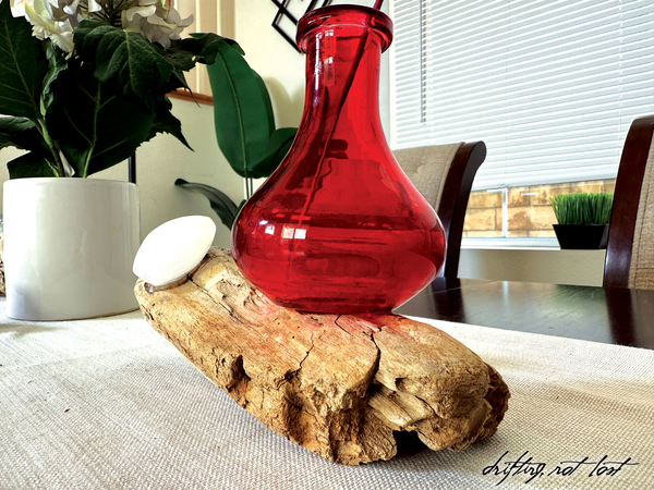 Driftwood Centerpiece with Vintage Red Vase & Healing Heart Crystal