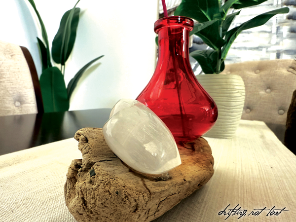 Driftwood Centerpiece with Vintage Red Vase & Healing Heart Crystal