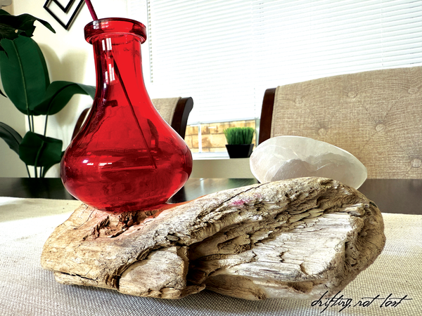 Driftwood Centerpiece with Vintage Red Vase & Healing Heart Crystal