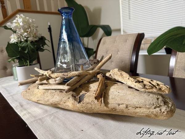 Vintage Driftwood Centerpiece w/ Antique Glass Vase | Coastal Rustic Home Decor