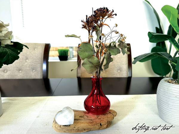 Driftwood Centerpiece with Vintage Red Vase & Healing Heart Crystal