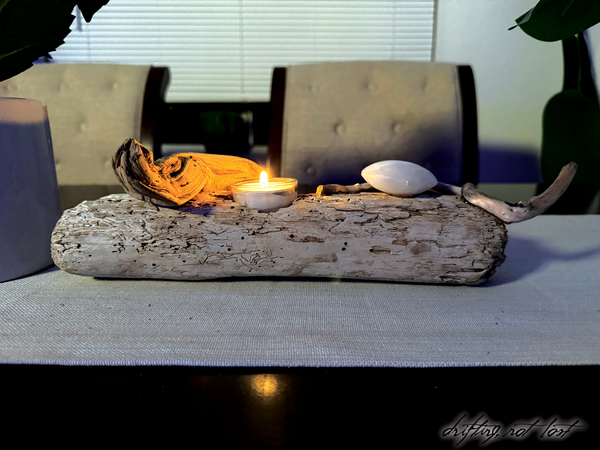Driftwood Candle Holder Embedded w/ Selenite Heart Crystal & Tea light