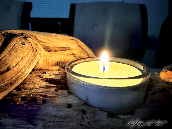 Driftwood Candle Holder Embedded w/ Selenite Heart Crystal & Tea light