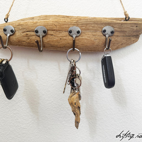 Driftwood Key Rack With Distressed Metal Hooks