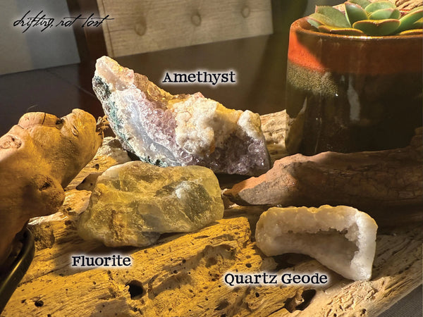 Driftwood Lamp with live succulent plant and Amethyst, Fluorite & Quartz Crystals