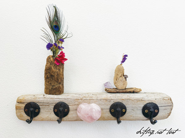 Driftwood Towel Rack with Rustic Iron Hooks + Rose Quartz Crystal Heart