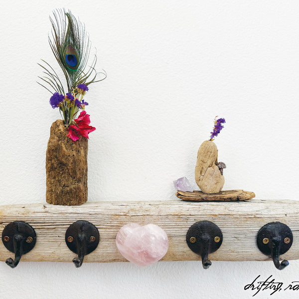 Driftwood Towel Rack with Rustic Iron Hooks + Rose Quartz Crystal Heart